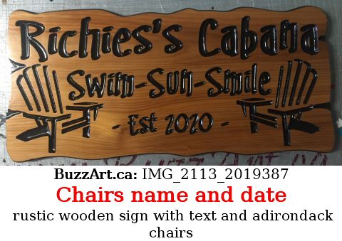 rustic wooden sign with text and adirondack chairs